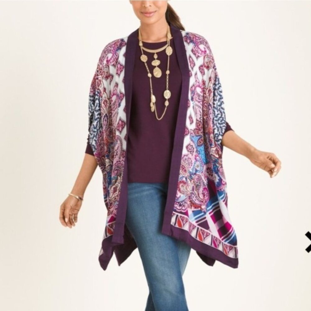 Chicos Ruana Wrap S / M Purple Patchwork Print Lightweight Shawl Poncho Kimono